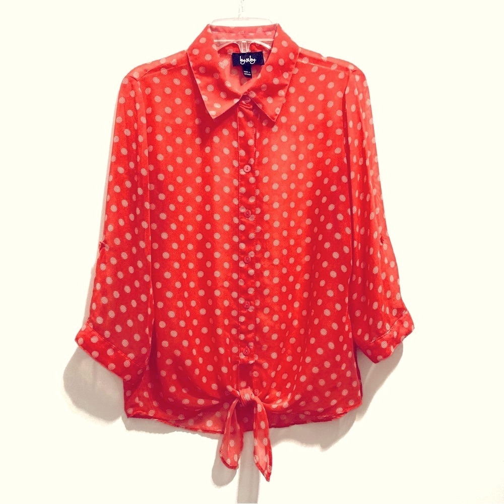 By & By Women’s Coral Chiffon Button Down Shirt w/ Polka Dot Adjustable Sleeve